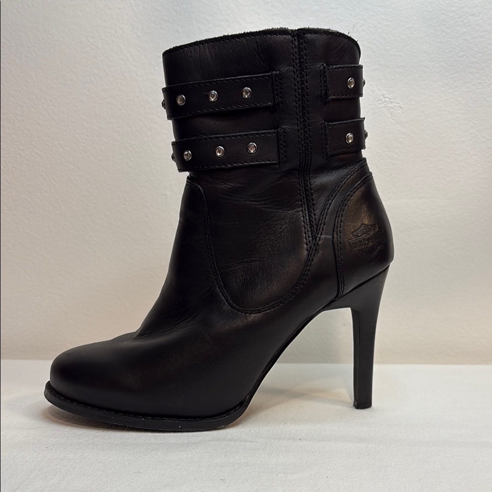 Harley Davidson Leather Stiletto Heel Ankle Boot with Rhinestone Accents 7.5
